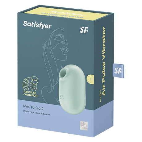 Satisfyer Pro To Go 2 Air Pulse Clitoral Vibrator Mint packaging showing device and branding.