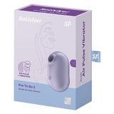 Satisfyer Pro To Go 2 Air Pulse Clitoral Vibrator Violet packaging showcasing double air pulse and vibration features.