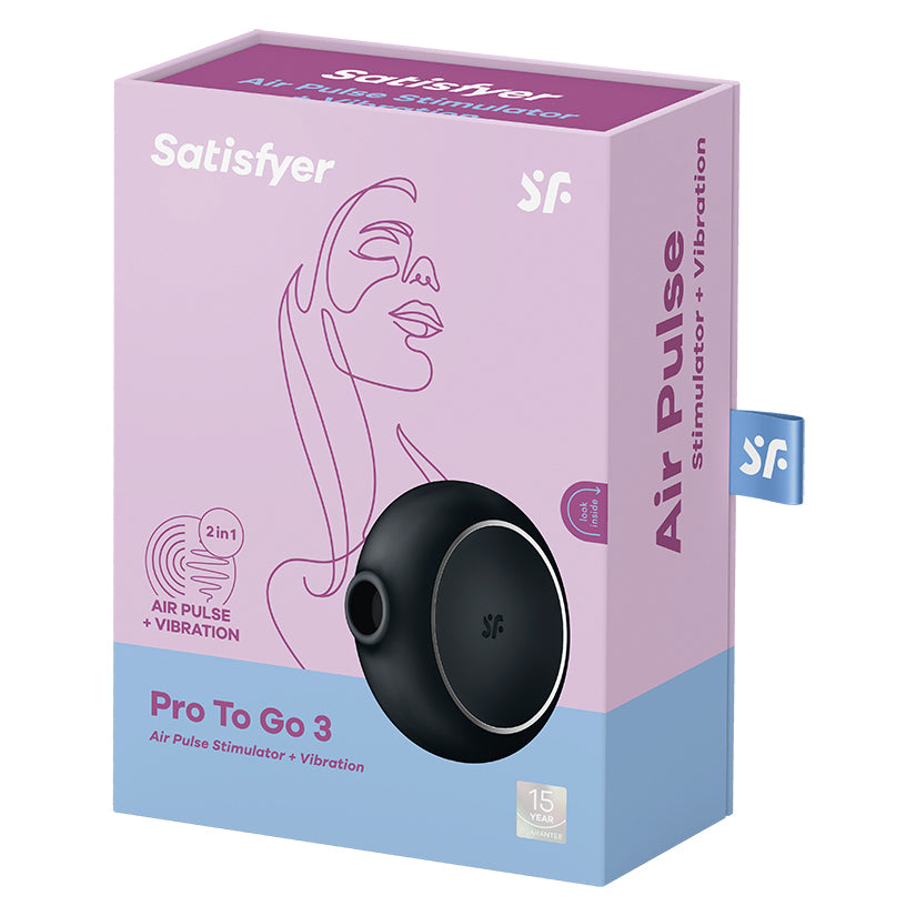 Satisfyer Pro To Go 3 Pressure Wave Vibrator Black packaging featuring air pulse and vibration stimulators.