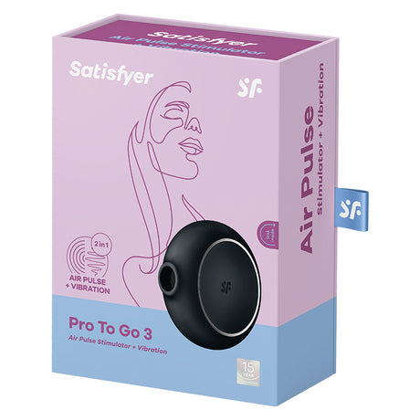 Satisfyer Pro To Go 3 Pressure Wave Vibrator Black packaging featuring air pulse and vibration stimulators.