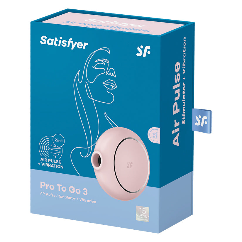 Satisfyer Pro To Go 3 Air Pulse Vibrator Rose packaging, showcasing air pulse stimulator and vibration features.