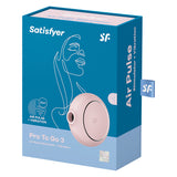 Satisfyer Pro To Go 3 Air Pulse Vibrator Rose packaging, showcasing air pulse stimulator and vibration features.