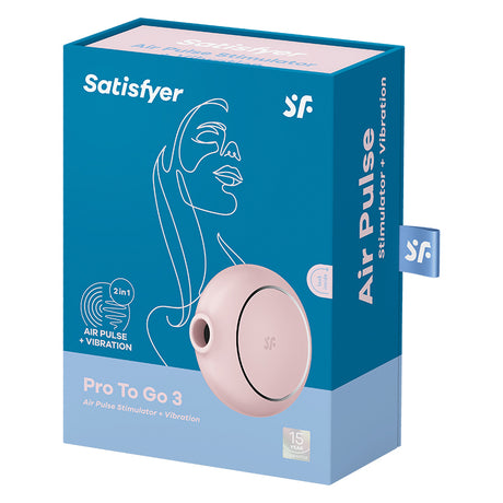 Satisfyer Pro To Go 3 Air Pulse Vibrator Rose packaging, showcasing air pulse stimulator and vibration features.