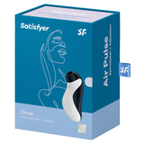 Satisfyer Orca Pressure Wave Clitoral Vibrator packaging with air pulse stimulator and vibration features.