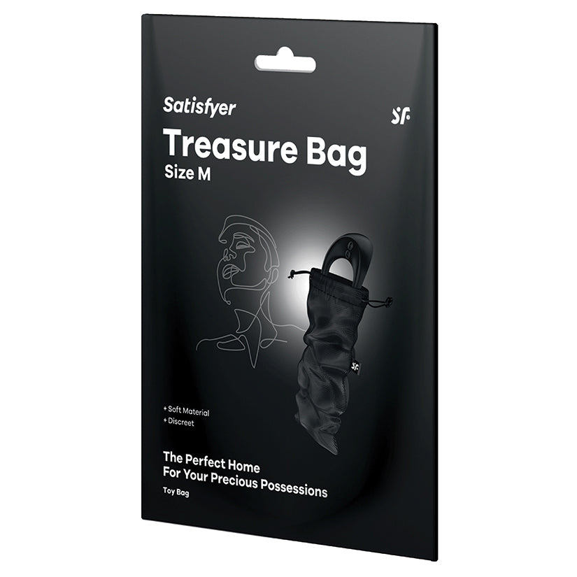 Satisfyer Treasure Bag Size M Toy Storage Black packaging displaying the bag for toy storage.