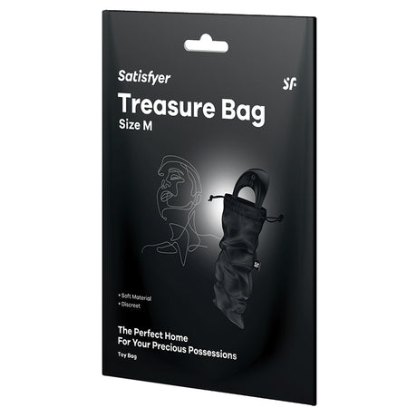 Satisfyer Treasure Bag Size M Toy Storage Black packaging displaying the bag for toy storage.