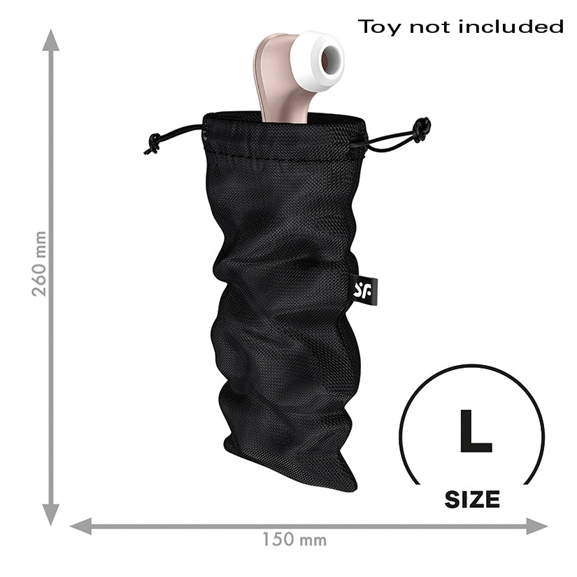 Satisfyer Treasure Bag Large Sex Toy Storage Black with toy illustration, dimensions indicated for size L.