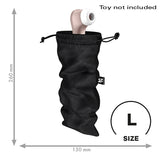 Satisfyer Treasure Bag Large Sex Toy Storage Black with toy illustration, dimensions indicated for size L.