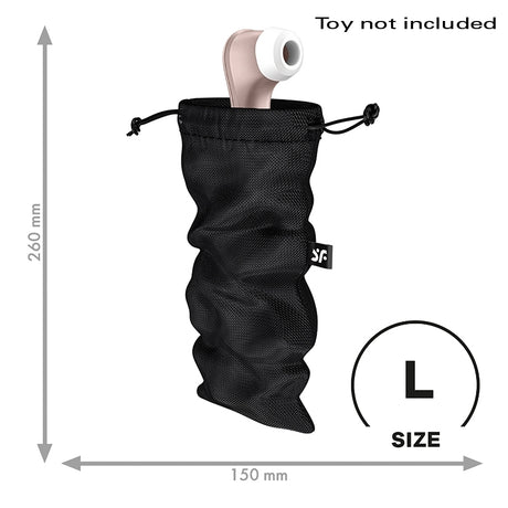 Satisfyer Treasure Bag Large Sex Toy Storage Black with toy illustration, dimensions indicated for size L.