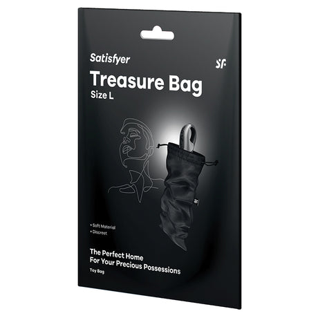 Satisfyer Treasure Bag Large Sex Toy Storage Black packaging showcasing soft material and discreet design for toy storage.