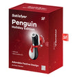Satisfyer Penguin Holiday Edition Air Pulse Vibrator festive packaging with silicone material and removable hat.