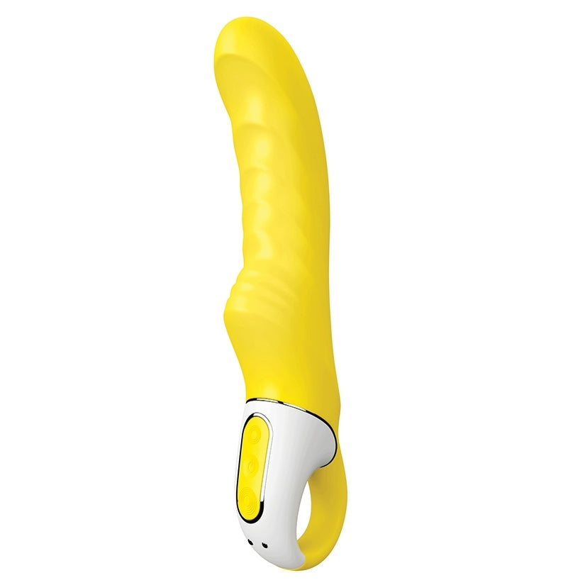 Satisfyer Vibes Yummy Vibrator Sunshine Yellow with ribbed texture and curved design for intense pleasure.