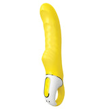 Satisfyer Vibes Yummy Vibrator Sunshine Yellow with ribbed texture and curved design for intense pleasure.