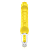 Satisfyer Vibes Yummy Vibrator Sunshine Yellow showcasing its ribbed structure and angled tip for pleasure.