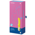Satisfyer Vibes Yummy Vibrator Sunshine Yellow packaging featuring a yellow vibrator and vibrant pink design.