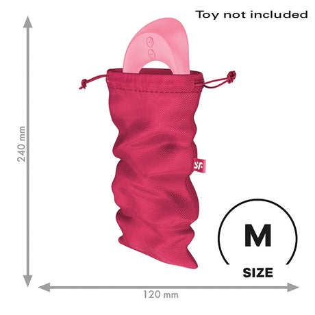 Satisfyer Size M Treasure Toy Storage Bag Pink displayed with dimensions for organization and protection of petite toys.