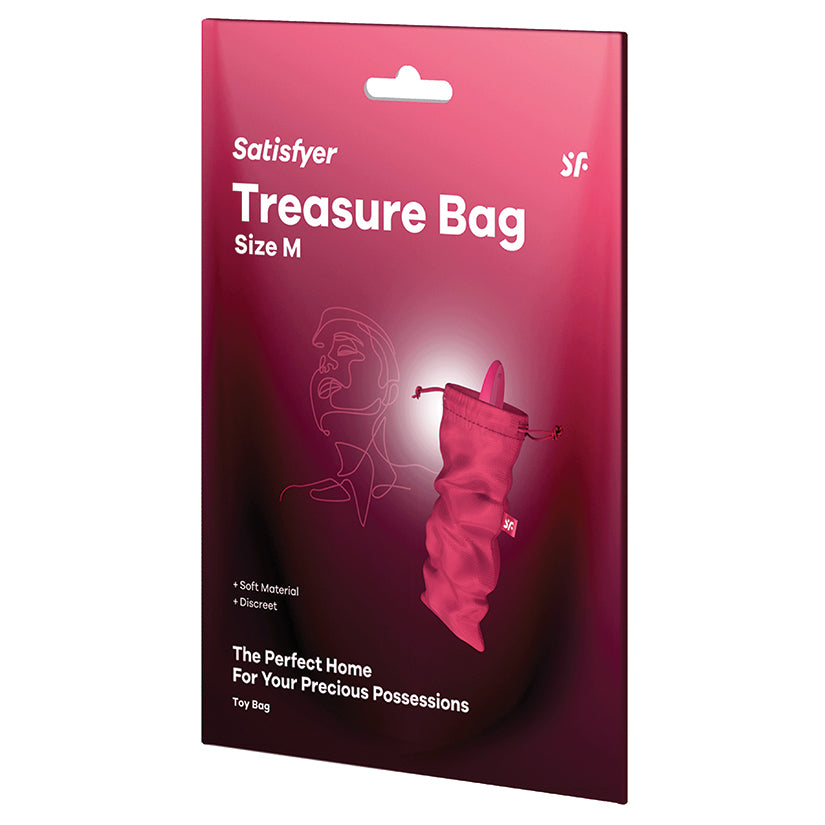Satisfyer Size M Treasure Toy Storage Bag Pink packaging with details of its soft material and discreet design.
