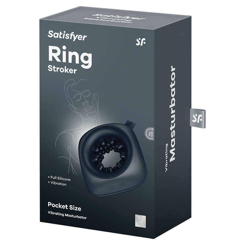 Satisfyer Ring Stroker Vibrating Masturbator Black packaging with features highlighted.