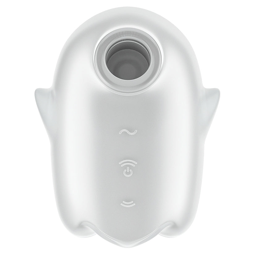 Satisfyer Glowing Ghost Air Pulse Vibrator White top view showing its compact design and user-friendly controls.