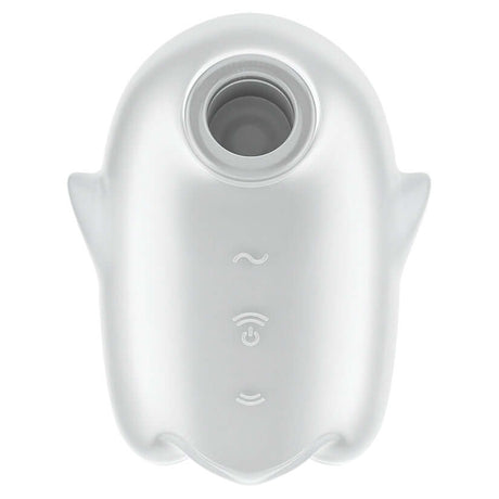 Satisfyer Glowing Ghost Air Pulse Vibrator White top view showing its compact design and user-friendly controls.