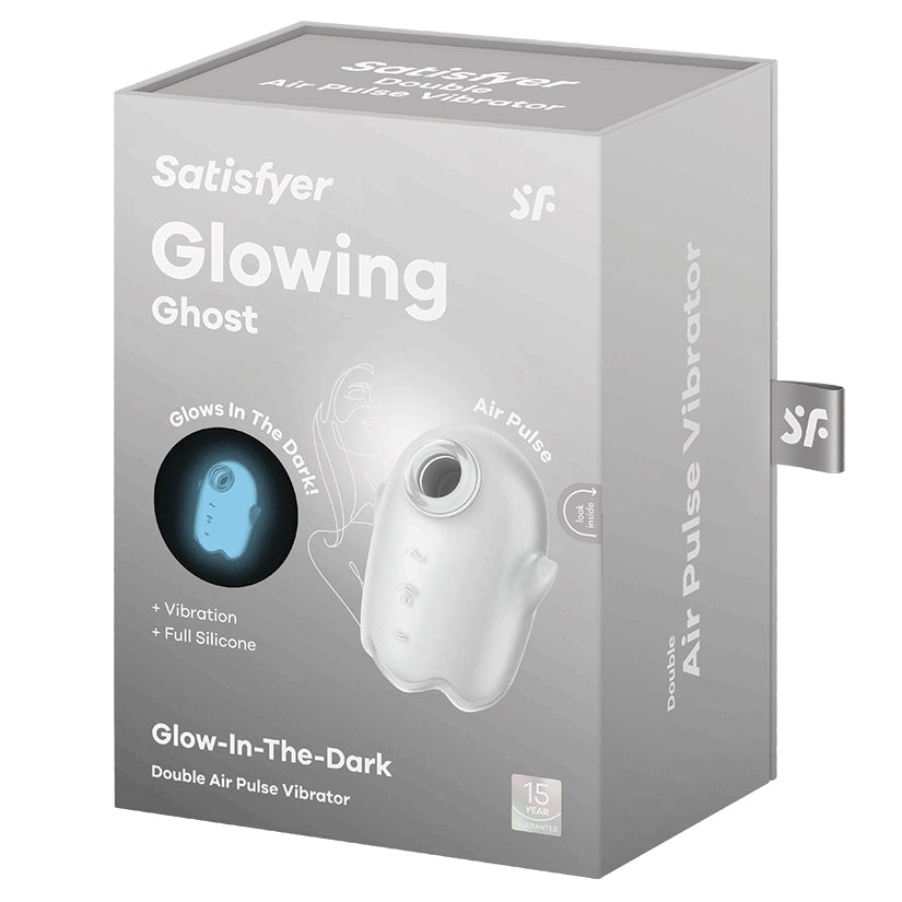 Satisfyer Glowing Ghost Air Pulse Vibrator White packaging features glowing design and air pulse technology.