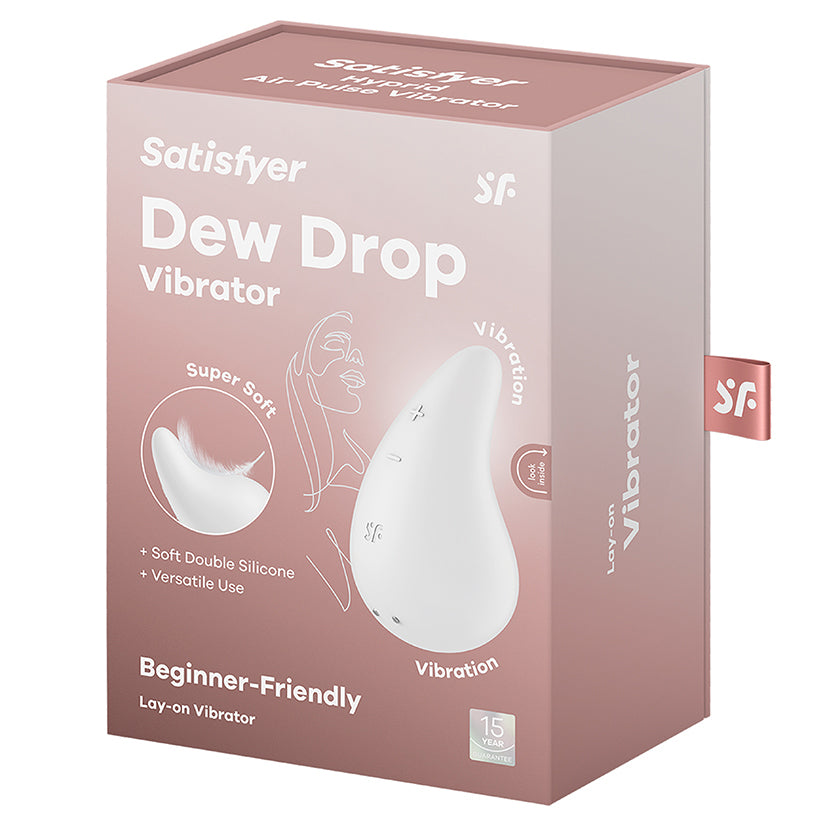 Satisfyer Dew Drop Lay-On Vibrator White packaging with detailed description and beginner-friendly features.