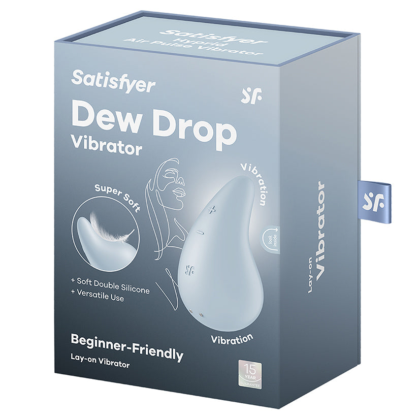 Satisfyer Dew Drop Lay-On Vibrator Blue packaging displaying beginner-friendly design and super soft silicone.