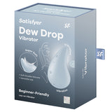 Satisfyer Dew Drop Lay-On Vibrator Blue packaging displaying beginner-friendly design and super soft silicone.