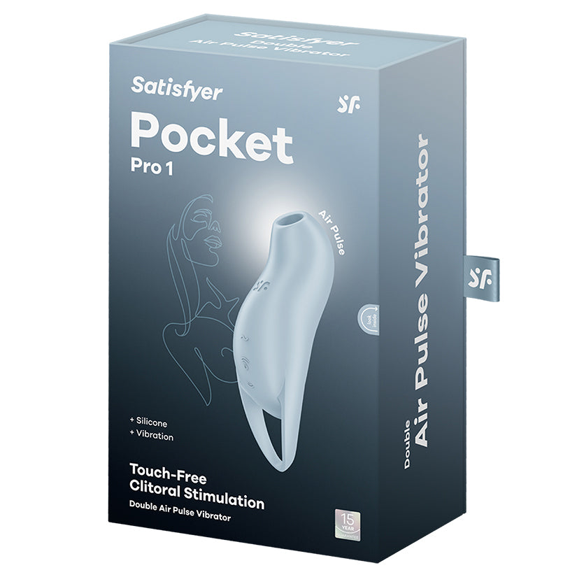 Satisfyer Pocket Pro 1 Air Pulse Vibrator Blue packaging showcasing touch-free clitoral stimulation.
