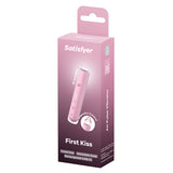 Satisfyer First Kiss Personal Vibrator packaging showcasing travel size and USB-C charging.