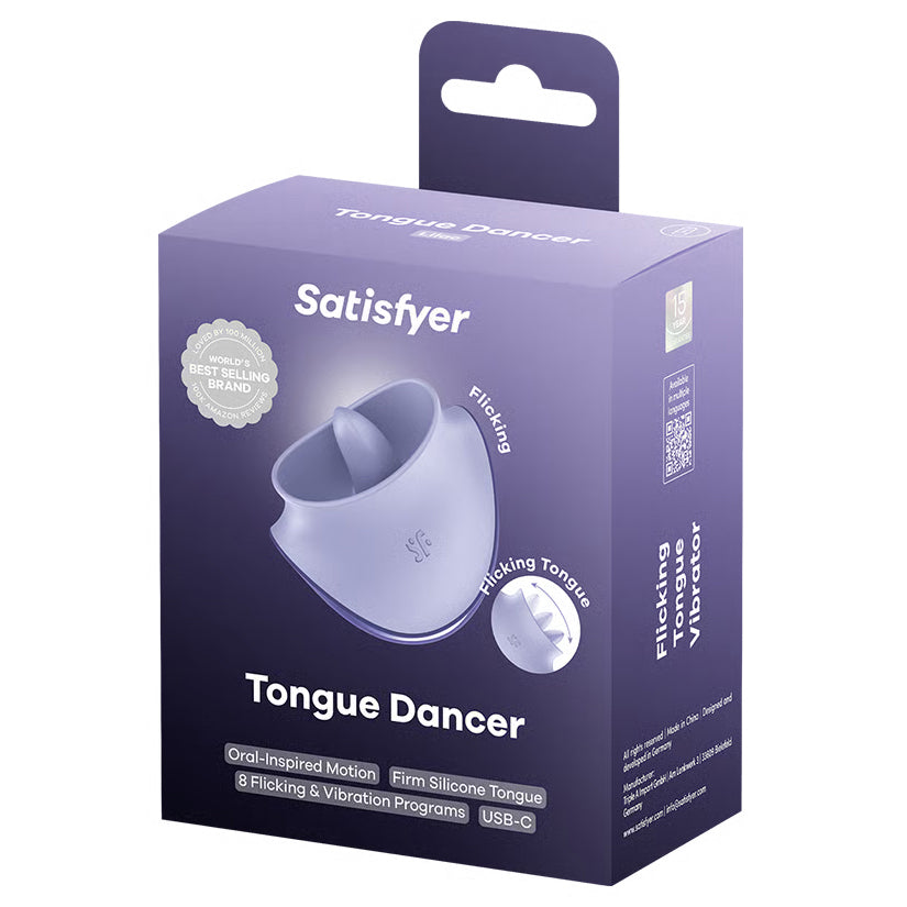 Satisfyer Tongue Dancer Vibrator packaging showcasing its tongue-inspired design and features.