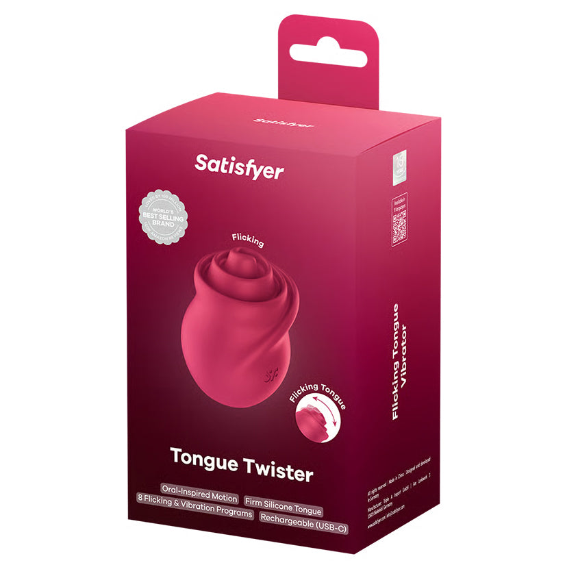 Satisfyer Tongue Twister Vibrator packaging showcasing oral-inspired motion and USB-C rechargeability.
