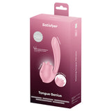 Satisfyer Tongue Genius Vibrator packaging showcasing its flicking tongue and powerful vibrational features.