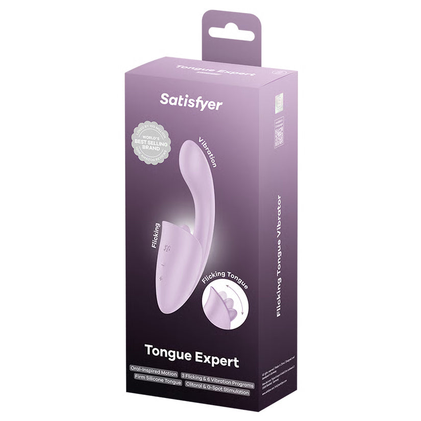 Satisfyer Tongue Expert Licking G-Spot Vibrator packaging showcasing its features and sleek design.