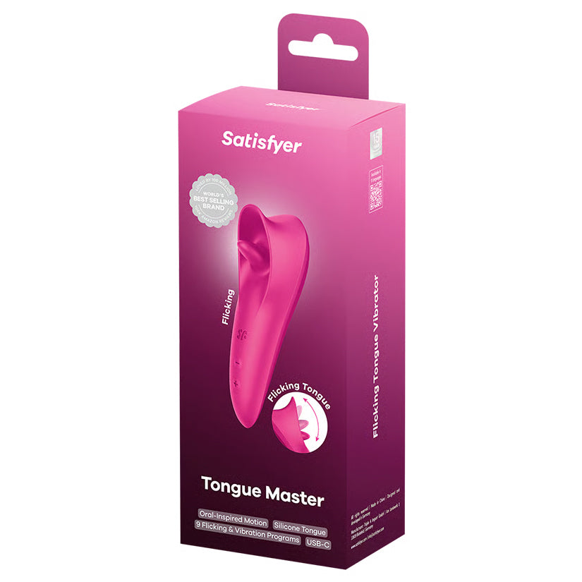 Satisfyer Tongue Master Vibrator packaging featuring oral-inspired motion and flicking tongue design.