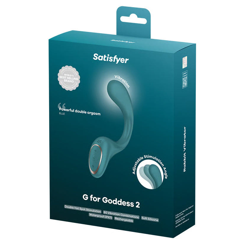 Satisfyer G For Goddess 2 Vibrator Bottle Green packaging showcasing features and design.