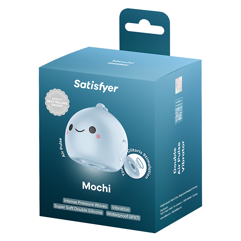 Satisfyer Mochi-frost Blue Vibrator packaging showcasing playful design and key features.