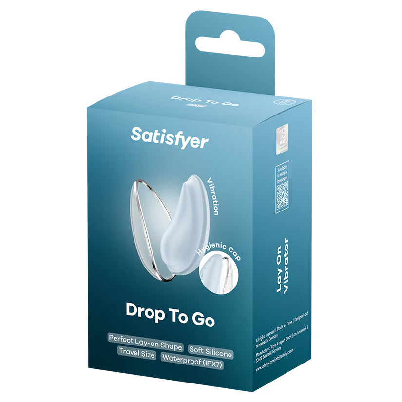 Satisfyer Drop To Go Vibrator Blue packaging highlighting travel-friendly design and hygienic features.