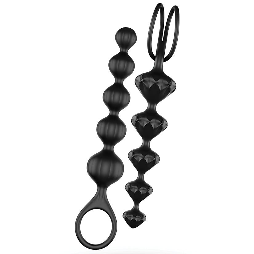Satisfyer Love Beads Silicone Anal Beads Set of 2 Black featuring distinct bead chains for anal play exploration.