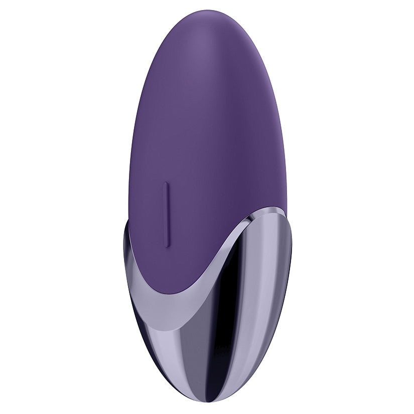 Satisfyer Purple Pleasure Lay-on Vibrator design with sleek purple body and shiny metallic accents.