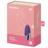Satisfyer Purple Pleasure Lay-on Vibrator packaging showcasing its design and features.