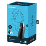 Satisfyer Men Vibration Plus Vibrating Masturbator Black product packaging with Bluetooth technology and app features.