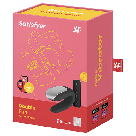 Satisfyer Double Fun Couples Vibrator Black packaging showcasing design and features for enhanced intimacy.