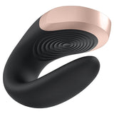 Satisfyer Double Love Couples Vibrator Black showcasing a sleek design with soft silicone and precious metal finish.