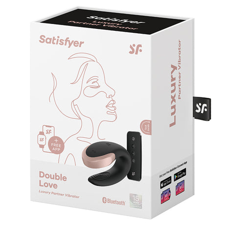Satisfyer Double Love Couples Vibrator Black packaging with luxury design and Bluetooth app compatibility.