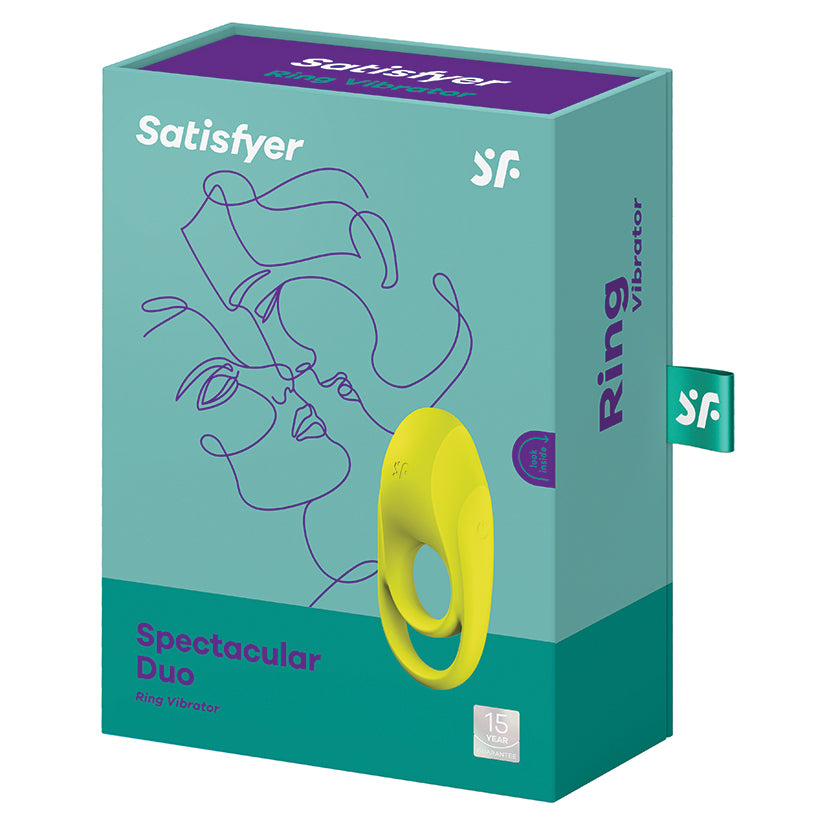Satisfyer Spectacular Duo Vibrating Cock Ring packaging featuring a vibrant design and product details.
