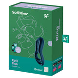 Satisfyer Epic Duo App Controlled Vibrating Cock Ring packaging featuring Bluetooth connectivity and app control.