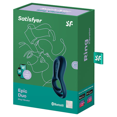 Satisfyer Epic Duo App Controlled Vibrating Cock Ring packaging featuring Bluetooth connectivity and app control.