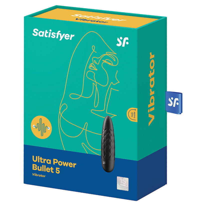 Satisfyer Ultra Power Bullet 5 Vibrator Black packaging features the stylish bullet vibrator design and vibrant colors.