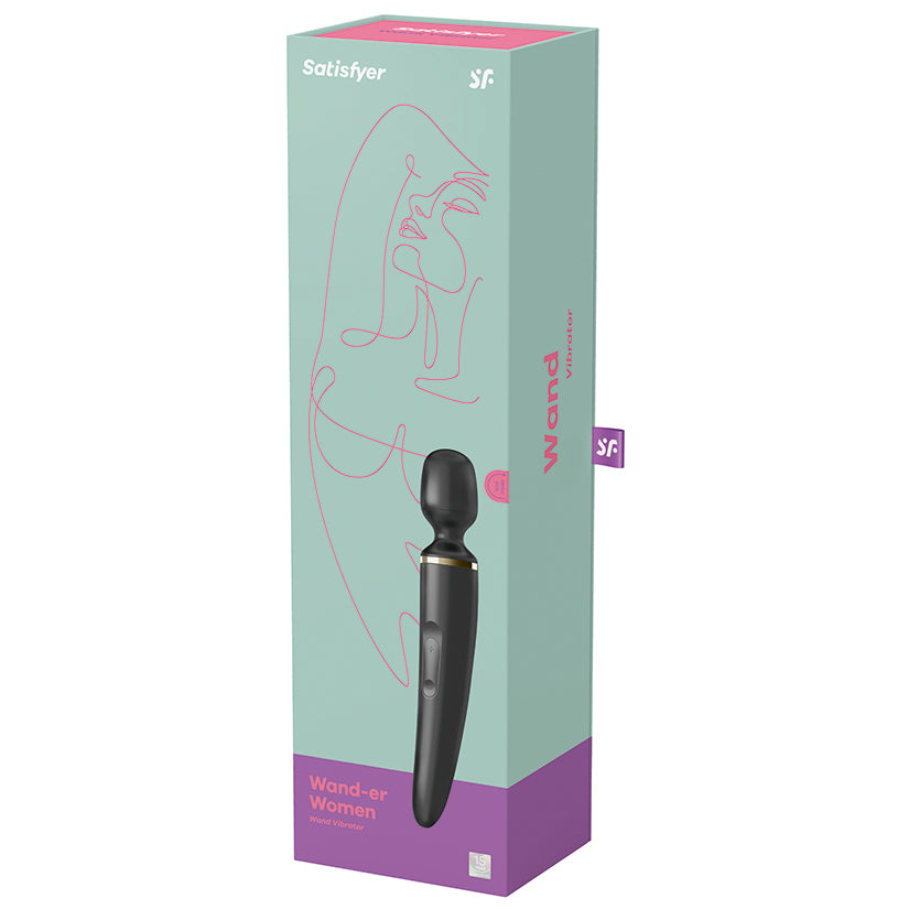 Satisfyer Wand-er Woman Wand Massager Black Gold box packaging showcasing the elegant design and features.